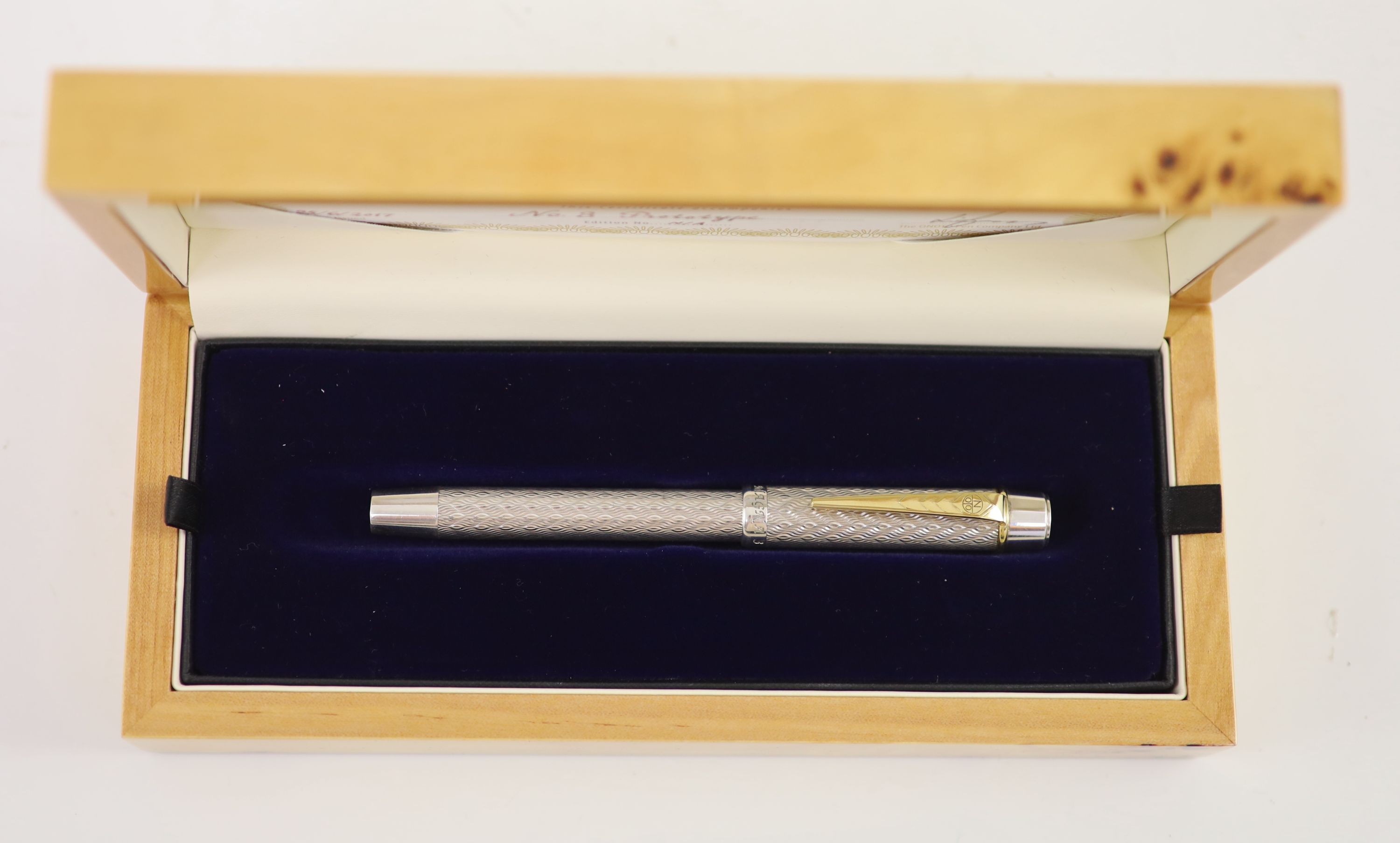 Onoto No.3 Prototype fountain pen, boxed with Onoto certificate, white metal casing